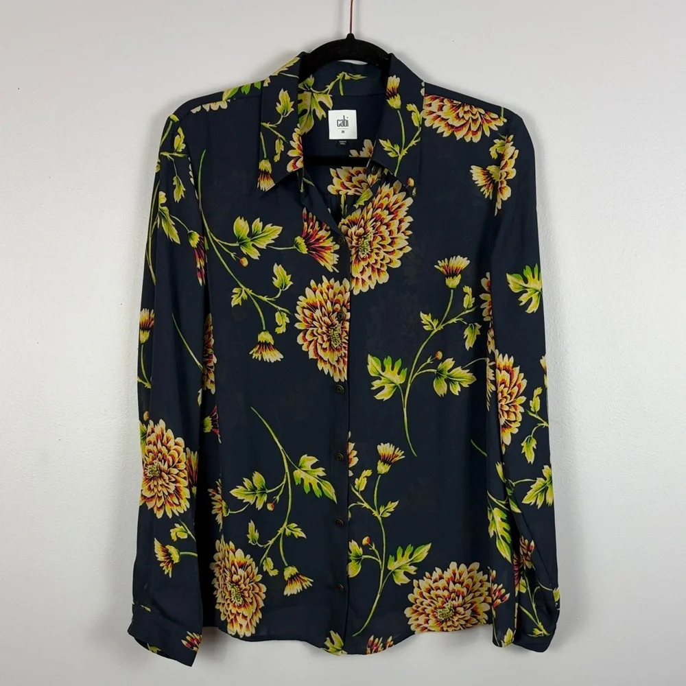Cabi Chic Floral Semi-Sheer Long Sleeve Button Front Blouse Medium Navy Blue - Picture 2 of 14